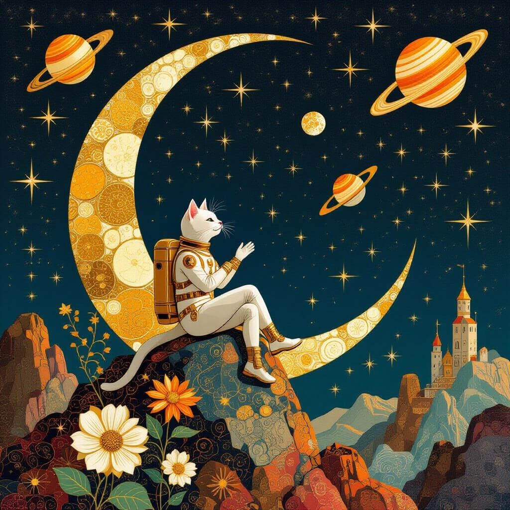 Cosmic Cats Fly to Moon in Klimt-Inspired Gold and Bronze