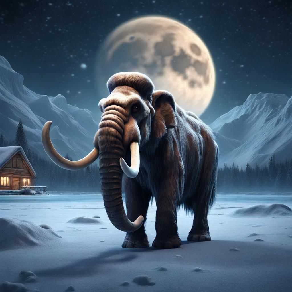 Woolly Mammoth on Frozen Lake Under Starry Sky