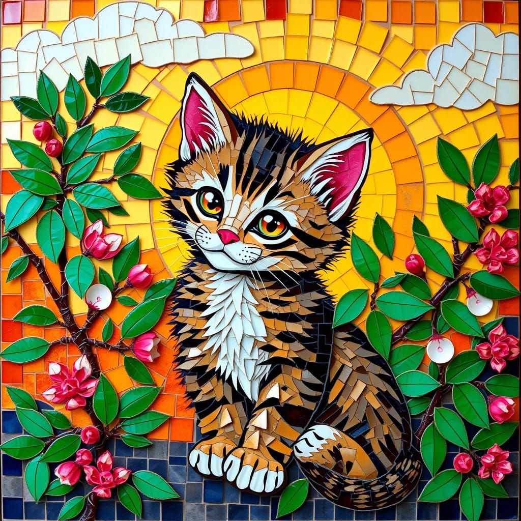 Whimsical Kitten Amidst Mistletoe in Vibrant Glass Mosaic Su...