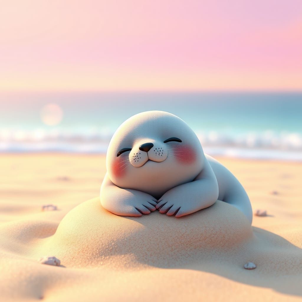 Baby Seal Sleeping on Beach in Pixar Style
