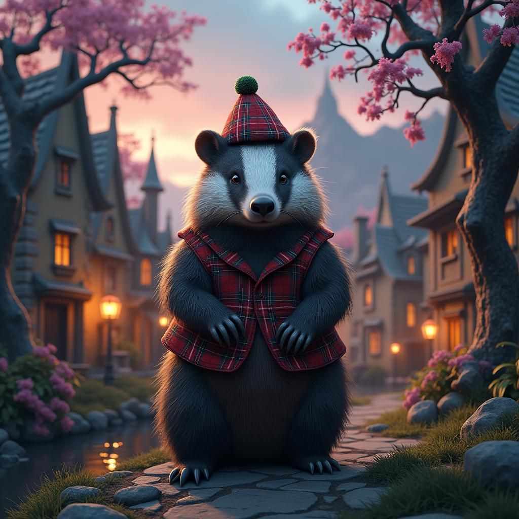 Scottish Badger in Mystical Town: Fantasy Concept Art