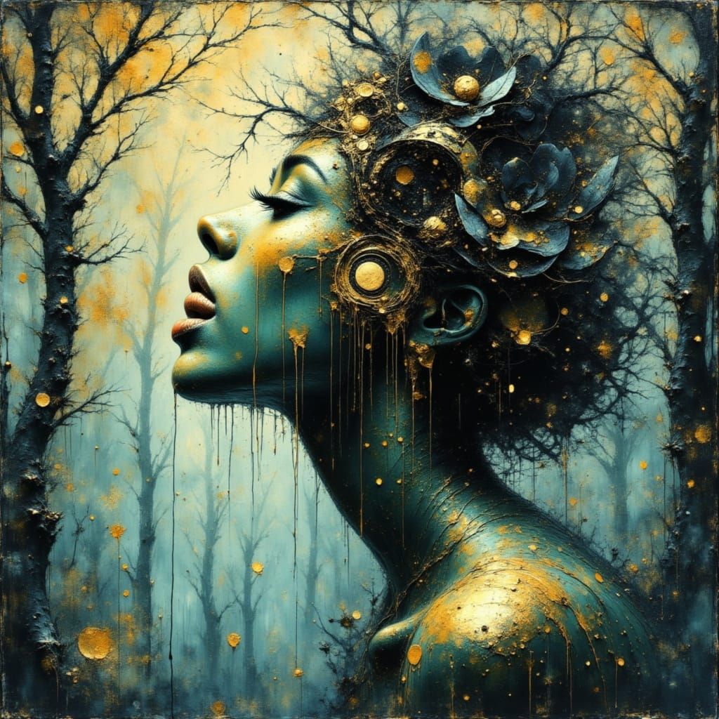 Surreal Gold Woman Portrait in Misty Watercolor Style