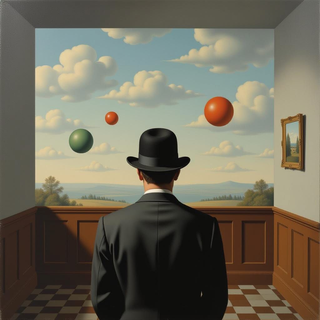 Surrealist Oil Painting of Man Facing Sky Wall