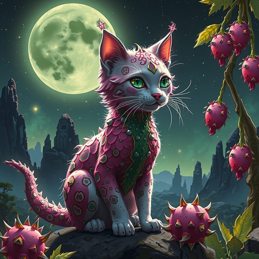 Ethereal Dragon Fruit Cat in Opalescent Glass-Inspired Style