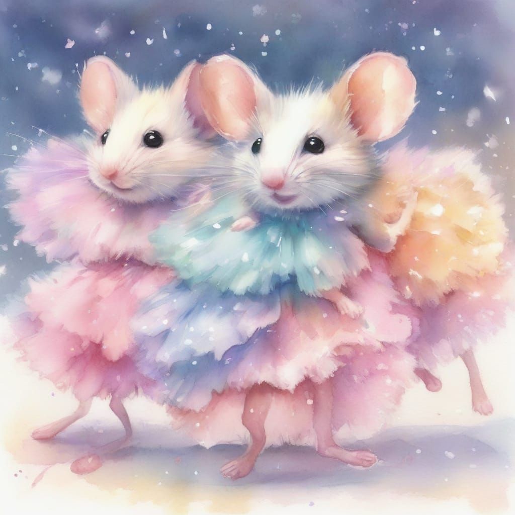 Dancing Mice in Ballet Tutus, Whimsical Watercolor Art
