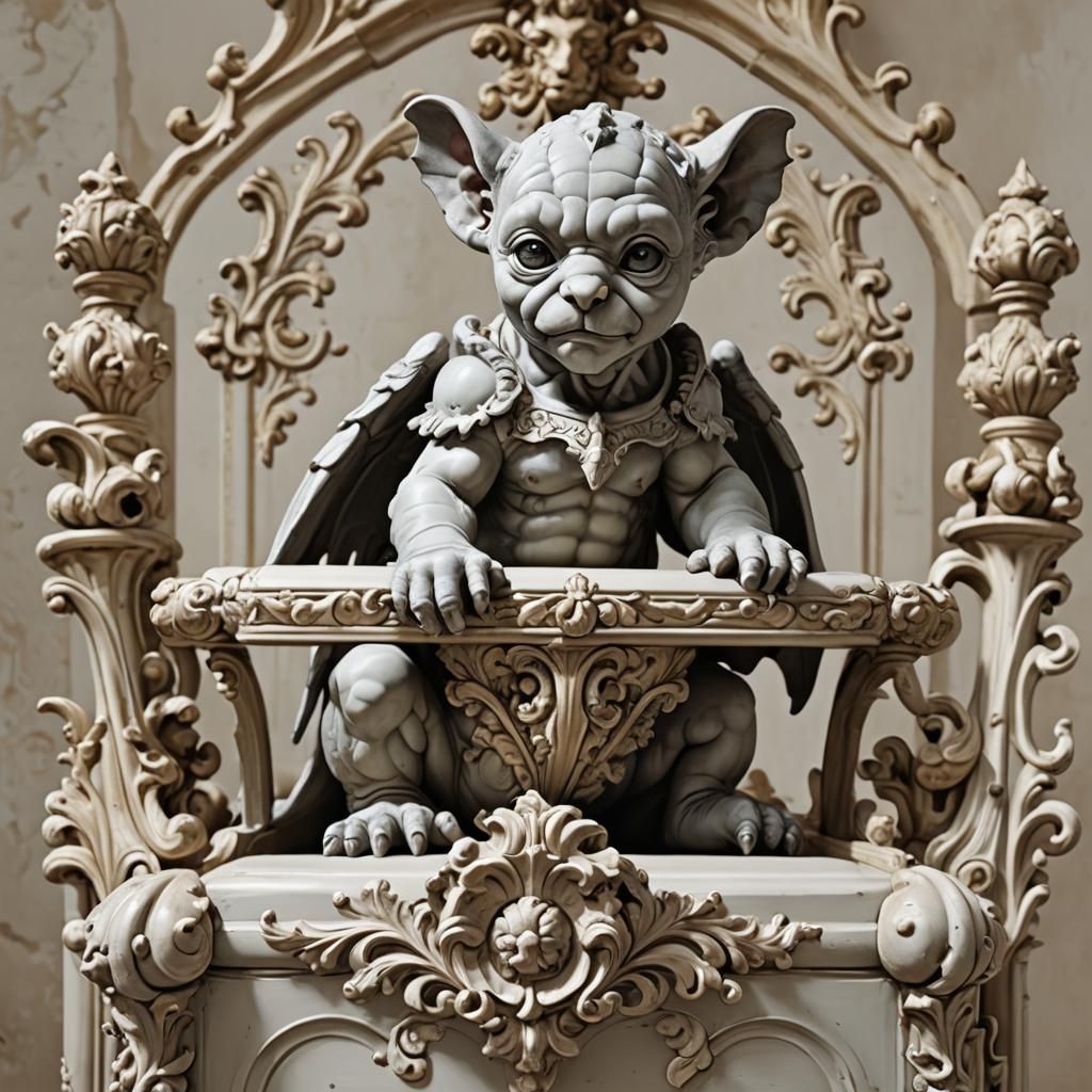 Baby Gargoyle Perched Atop Baroque Crib