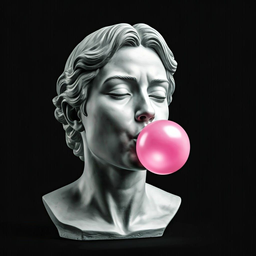 Child Blowing a Vibrant Pink Bubble with Joy