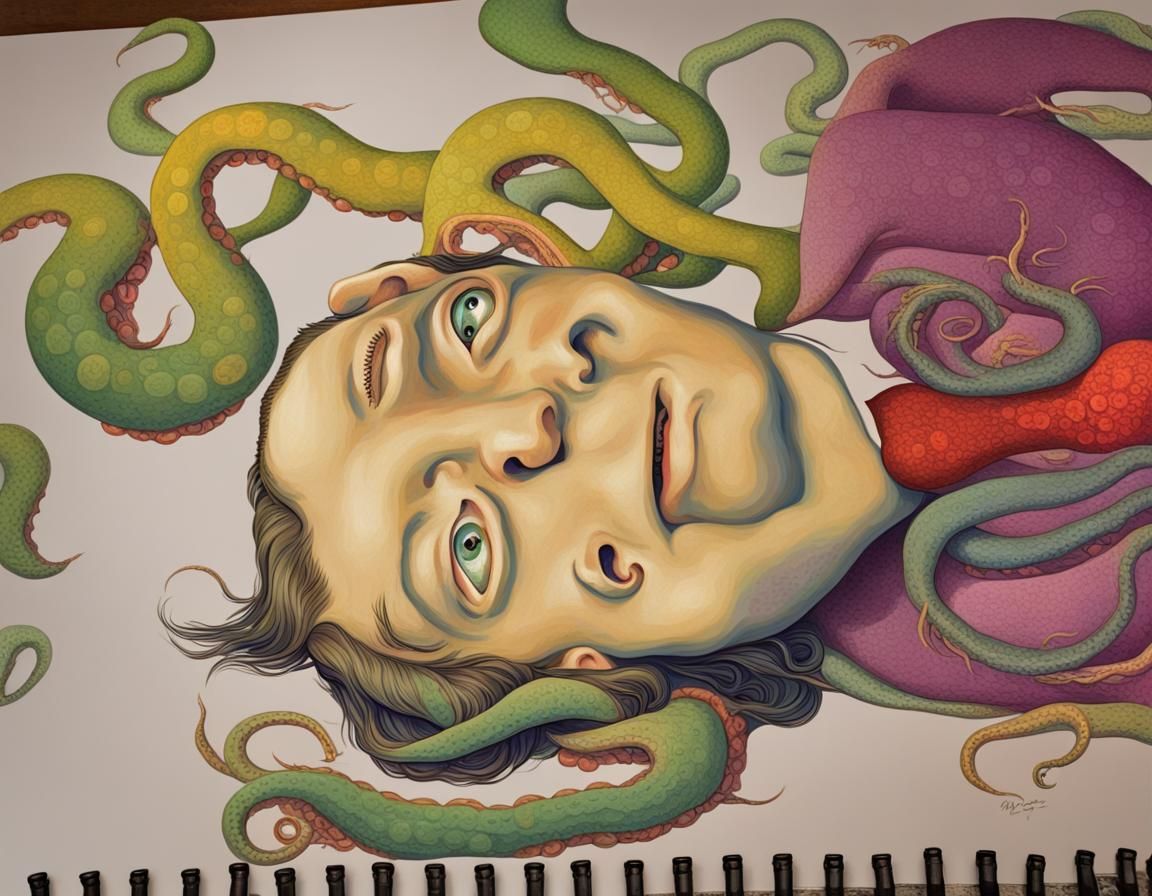 A colorful portrait of H.P Lovecraft with tentacles in the background