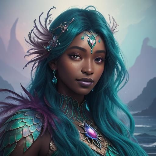 Dark-Skinned Mermaid with Pink Peacock Feather Tail