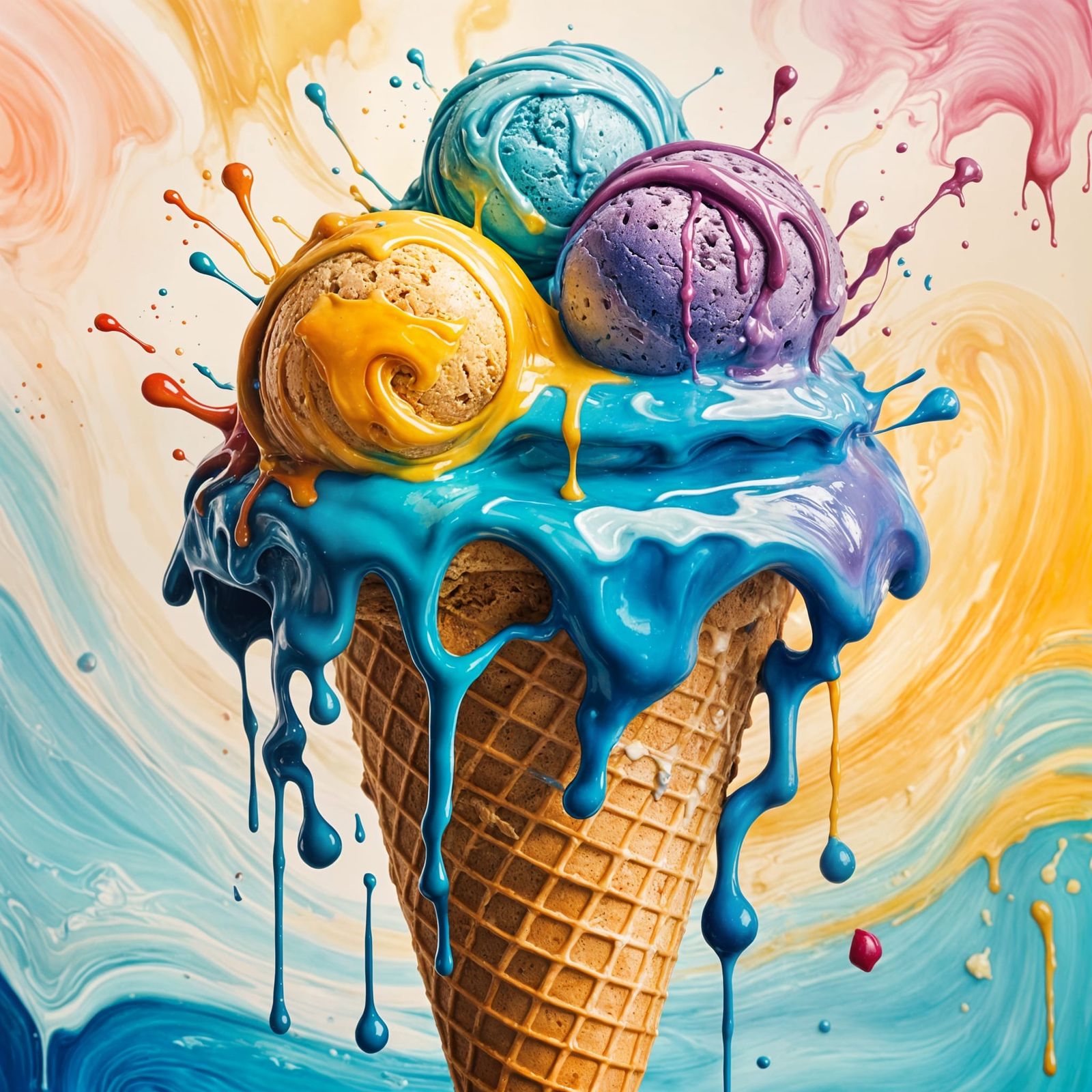 Vibrant Paint Ice Cream Melts in Colorful Splash