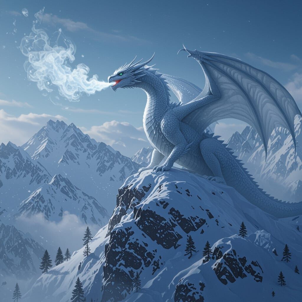 Majestic Ice Dragon on Snowy Peak with Avalanche