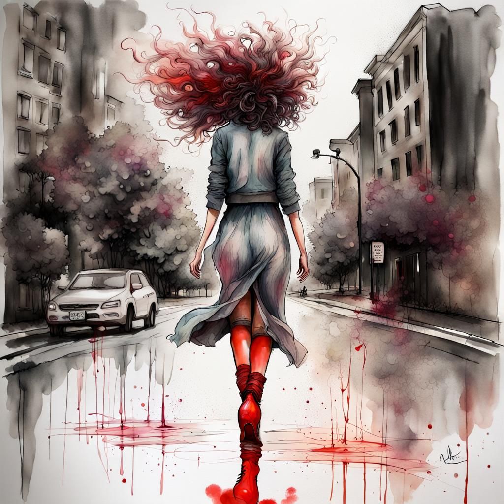 Ethereal Girl in Red Boots: Linear Art Empowerment