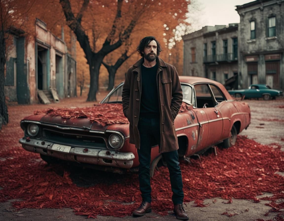 Man in Abandoned Town Square with Red Car
