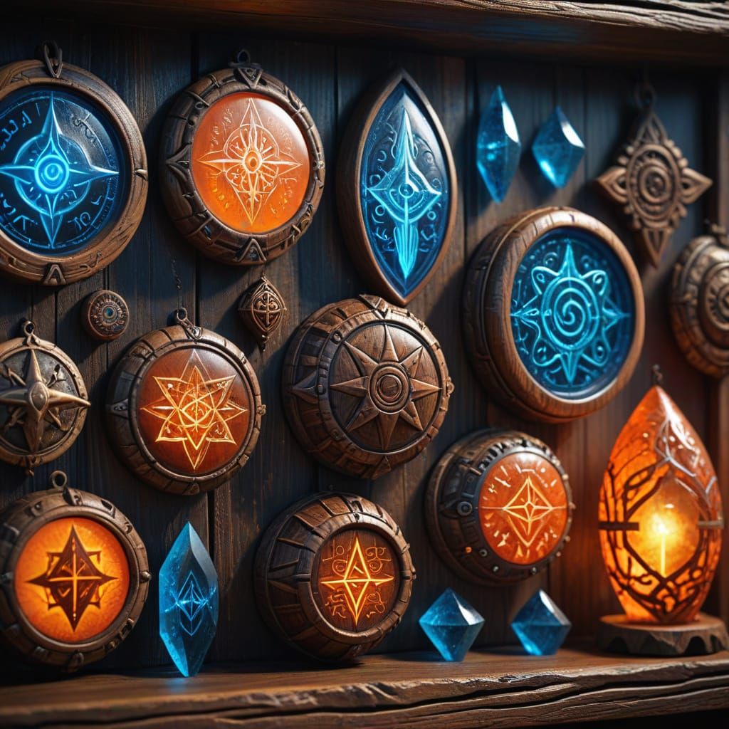 Mystical Wooden Talismans with Glowing Runes, Fantasy Art
