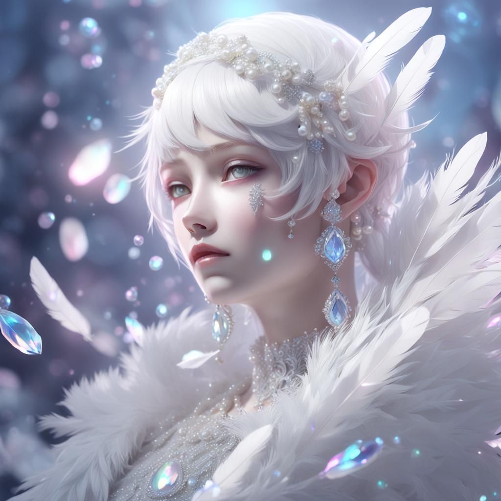 Iridescent Crystal Rose with Pearls and Feathers