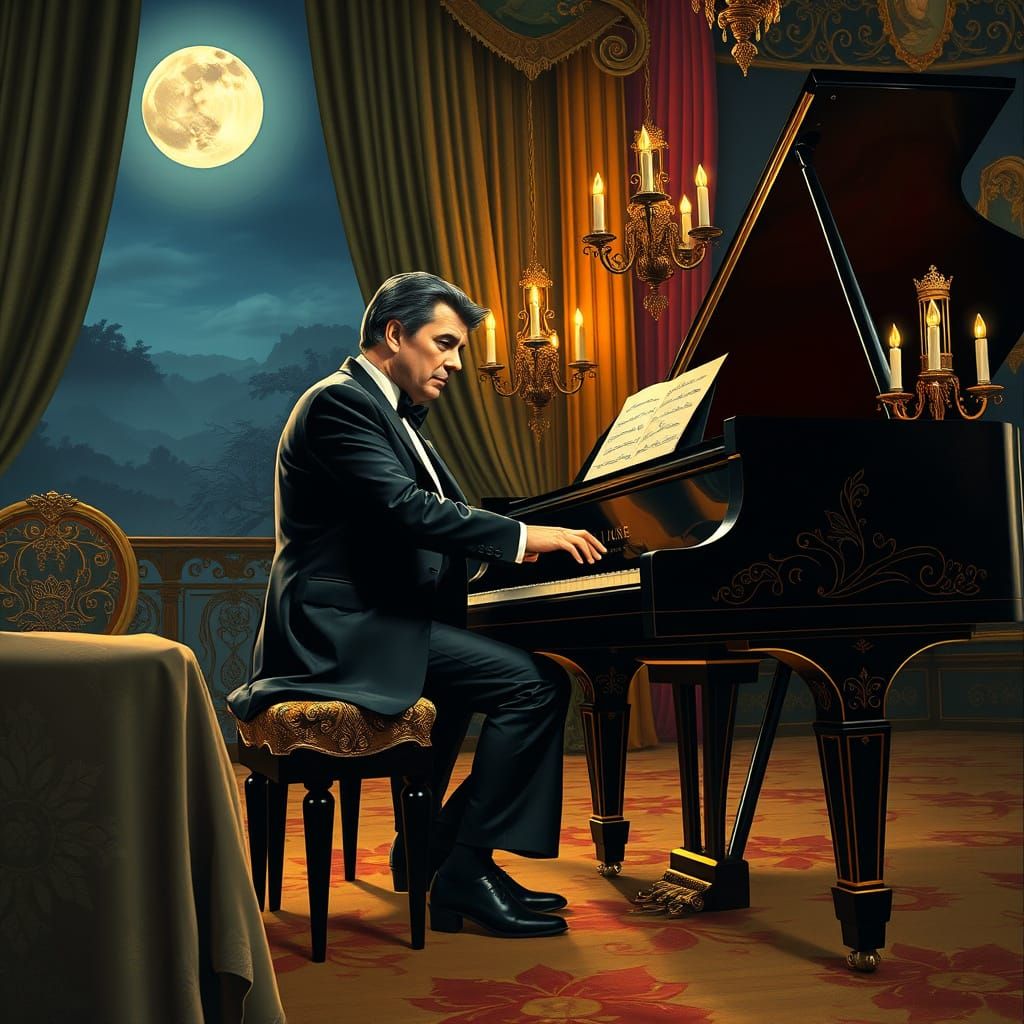 Liberace at Piano in Art Nouveau Style