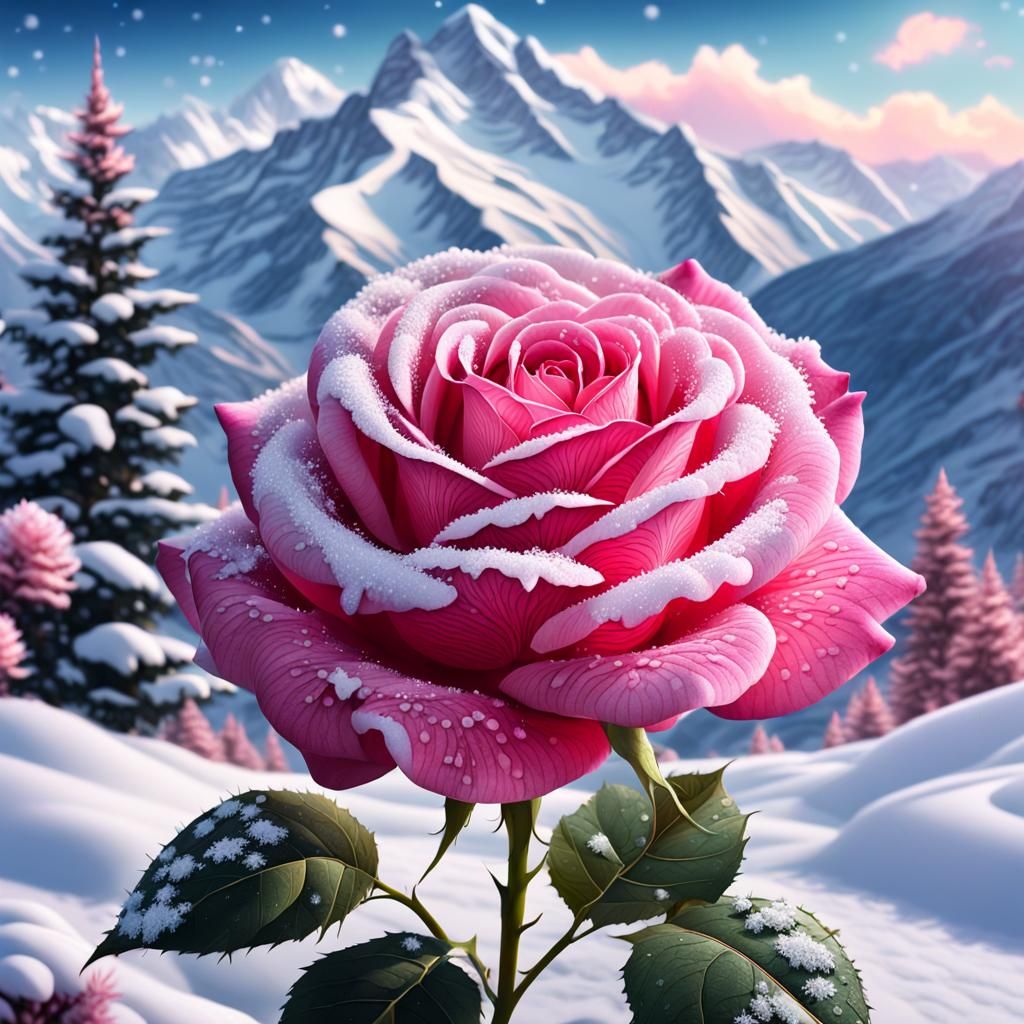 Pink Rose in Snow: Hyperrealistic Neon Art
