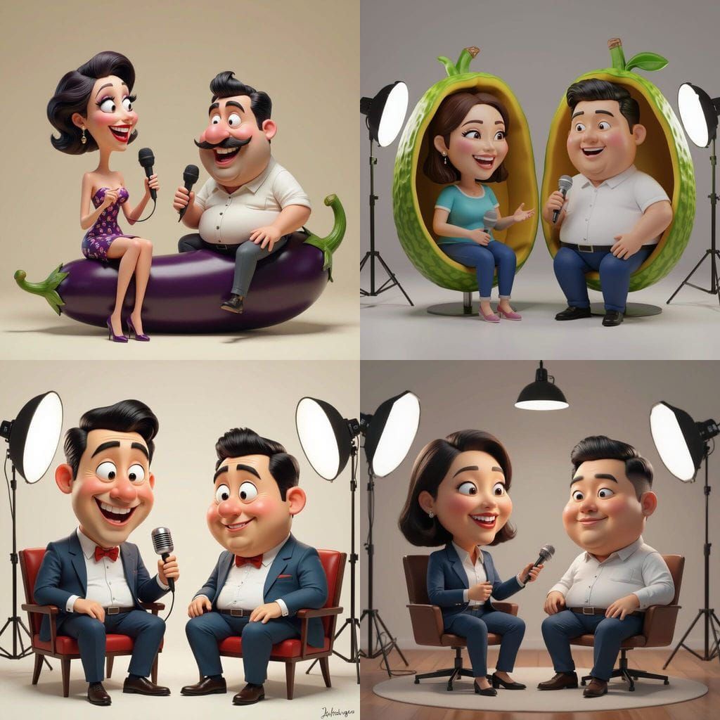 Funny 3D Caricature of Two People on a Giant Eggplant