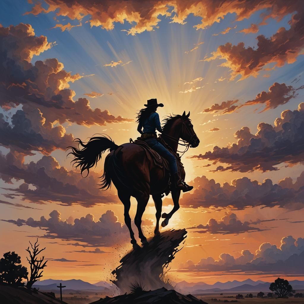 Cowgirl Silhouette Riding into Sunset, Dreamy Art