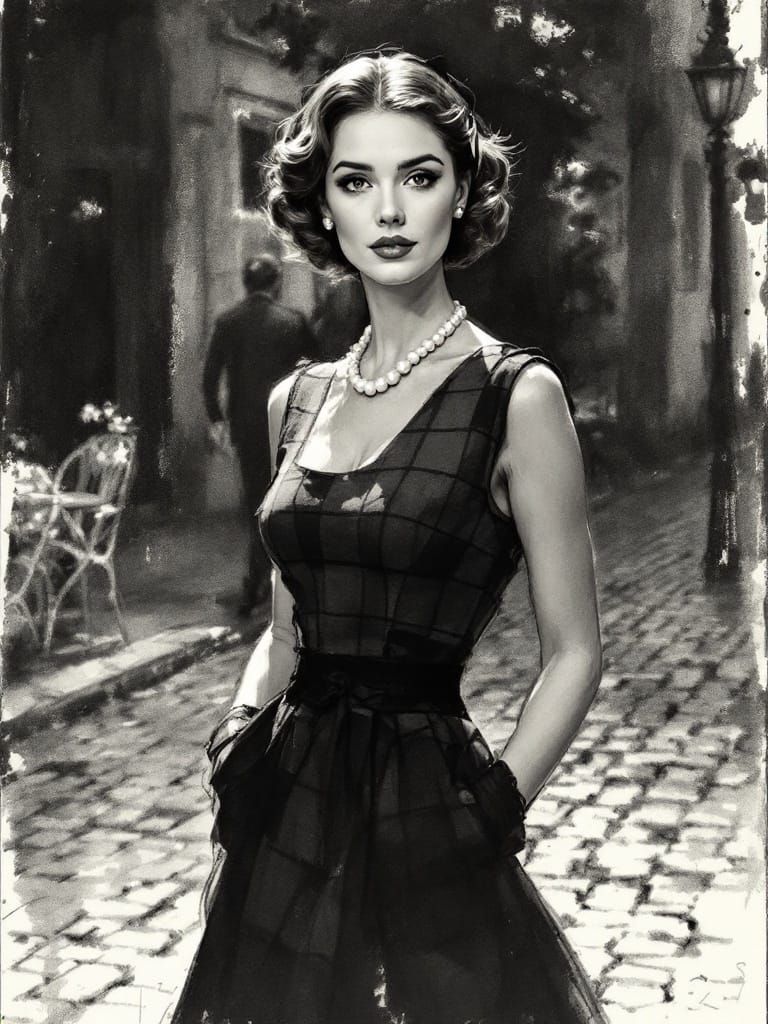 Poised Woman in a 1950s Checkered Dress