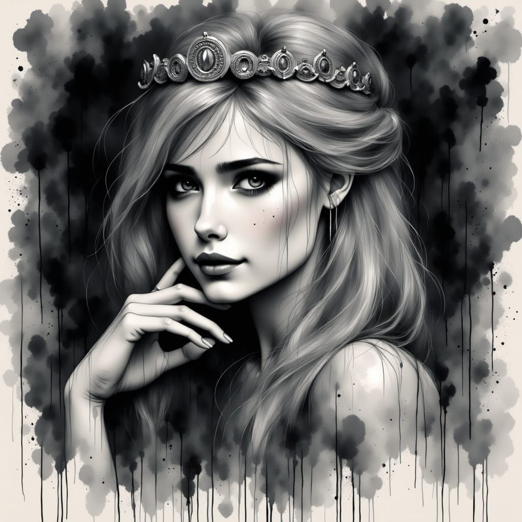 Serene Norse Goddess in Monochrome Charcoal