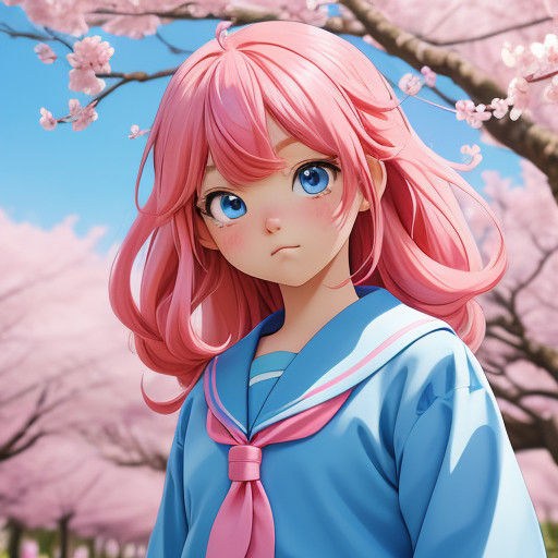 Anime Girl Surrounded by Cherry Blossoms in Vibrant Pink Hai...