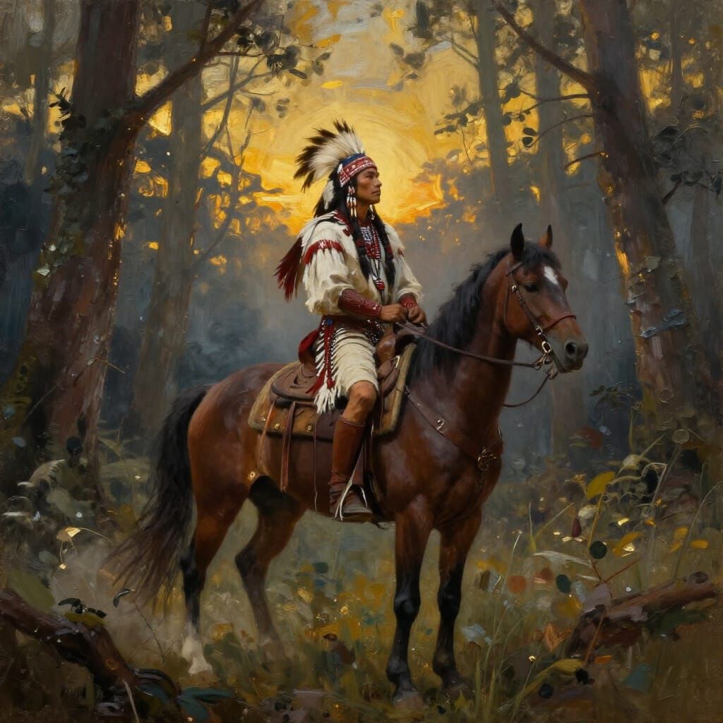 Lone Warrior Rides Through Ancient Forest at Twilight