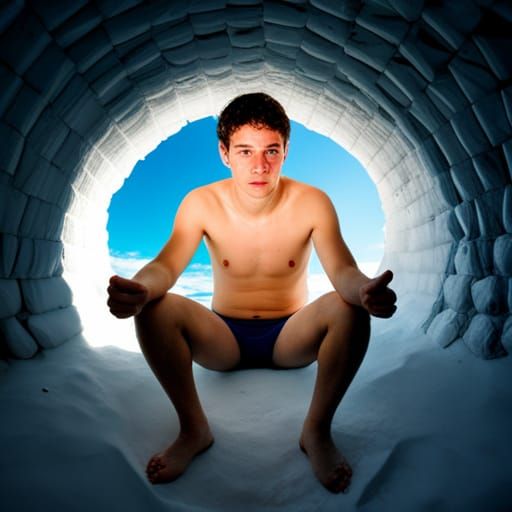 Hyperrealistic Teenage Boy in Igloo