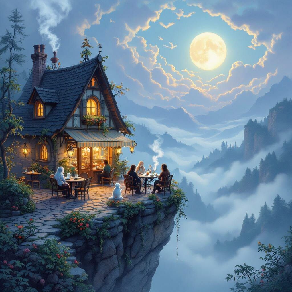 Ethereal Fantasy Cafe on Cliff Edge with Mystical Patrons