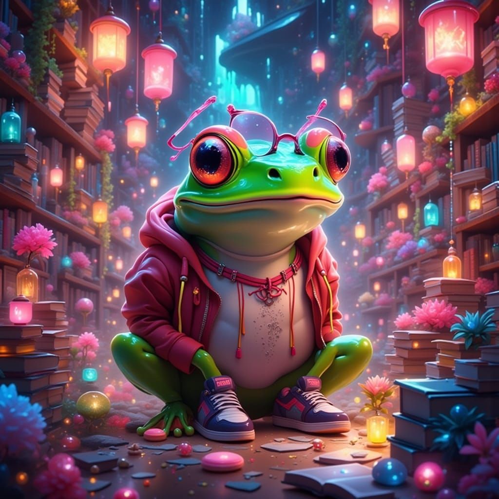 Frog in Library with Candyland Swirls: Digital Illustration