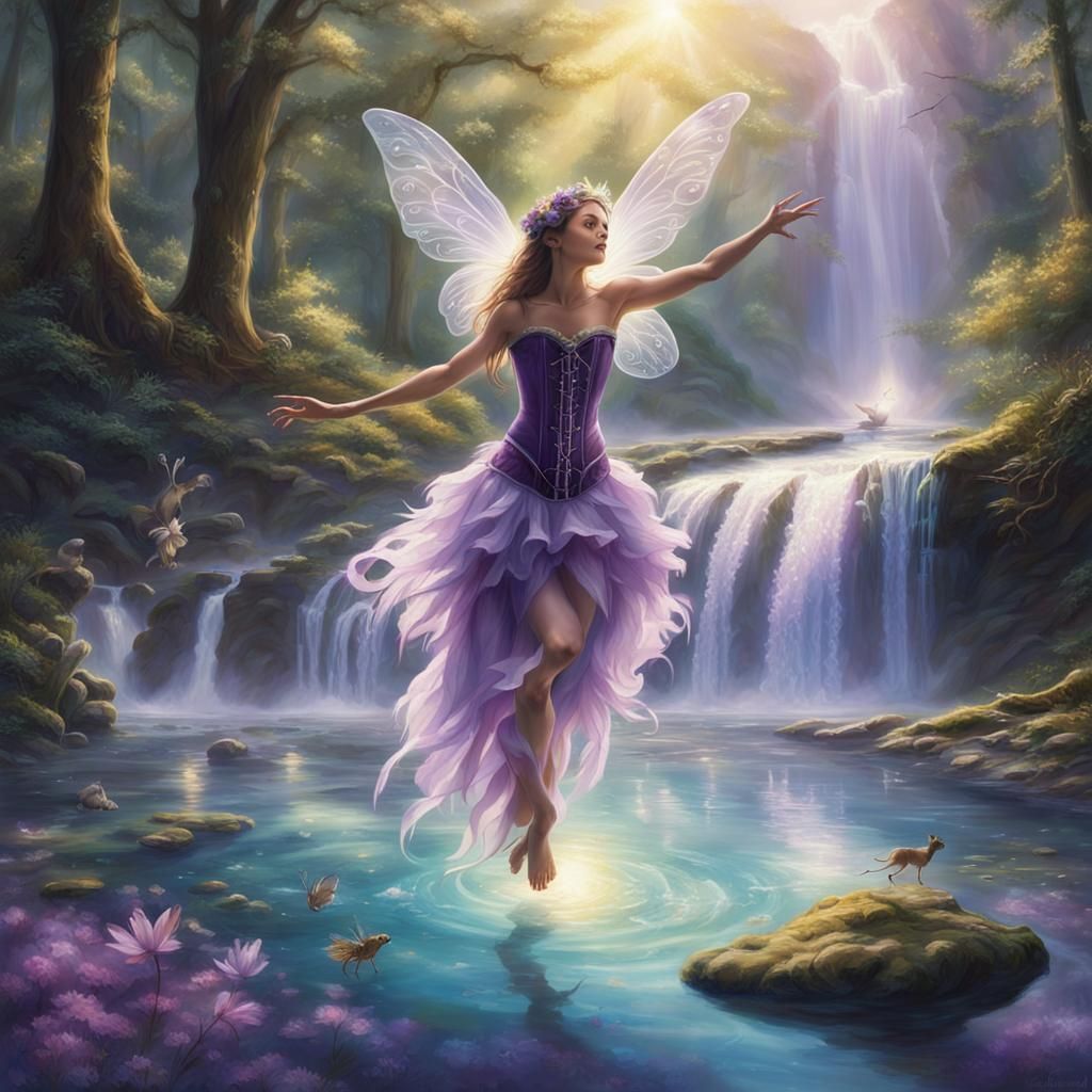 Purple Fairy Dances by Waterfall in Divine Light