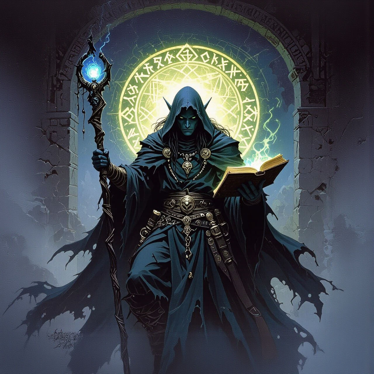 Shadow Elf War Wizard with Runes, in Fantasy Art Style