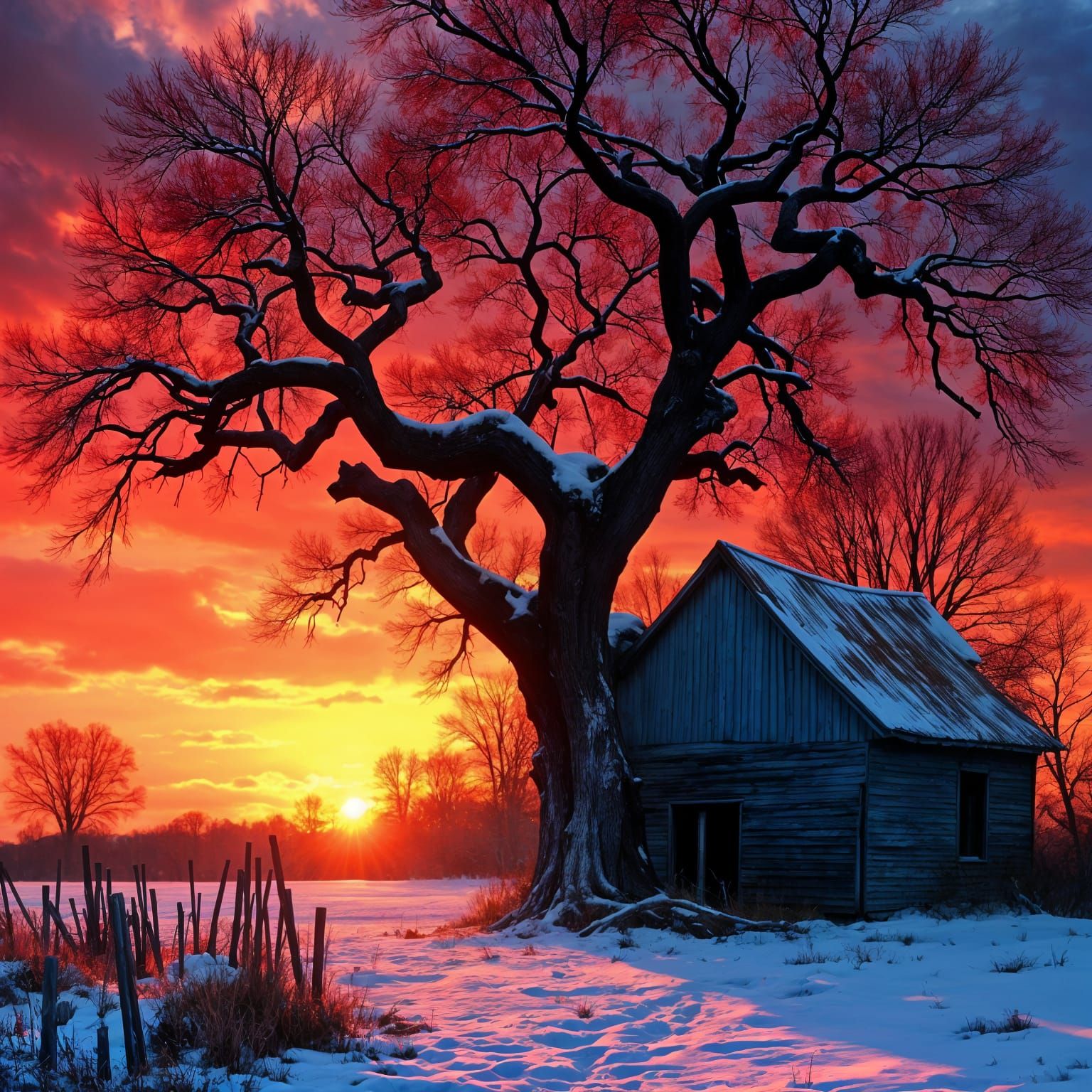 Old Barn at Snowy Red Sunset with Twisted Oak