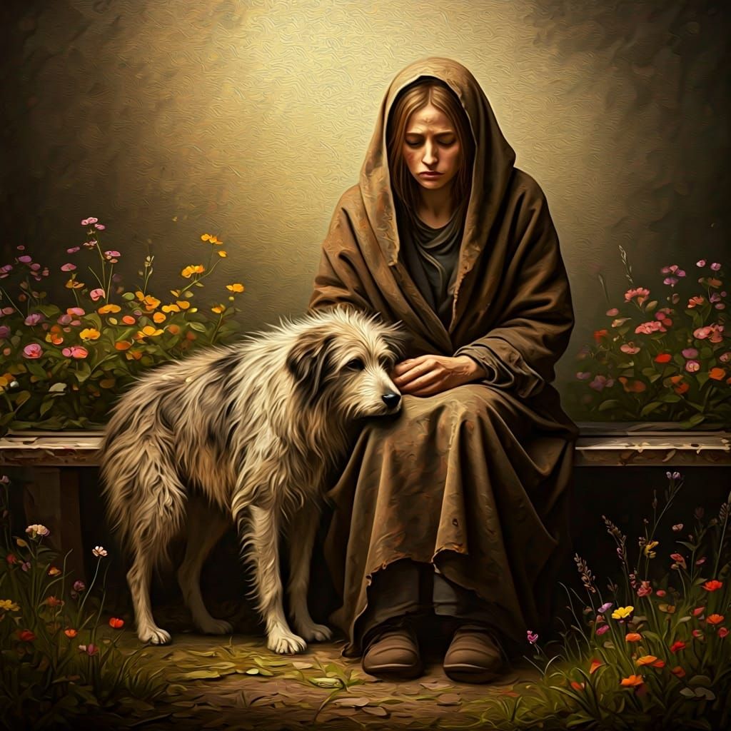 Melancholy Woman with Dog, Oil Painting Style
