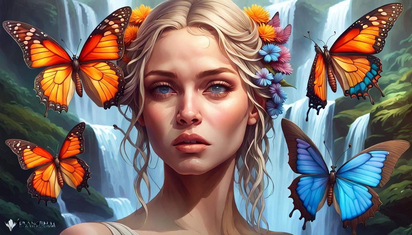 Waterfall Goddess with Butterflies: Hyperdetailed Portrait