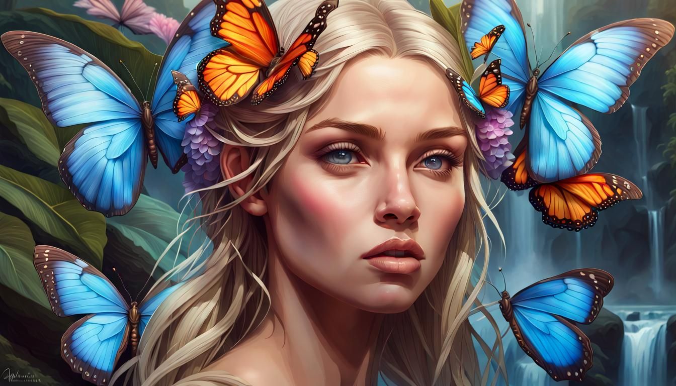 Goddess of Waterfalls and Butterflies: Hyperdetailed Portrai...