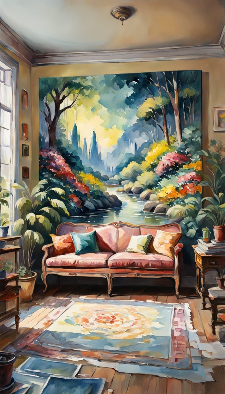 Impressionist Gouache Masterpiece on Canvas in Watercolor St...