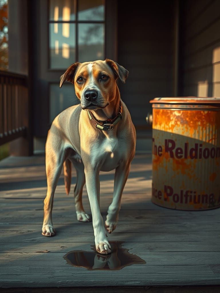 Melancholic Dog on a Worn Porch in Late Afternoon Light
