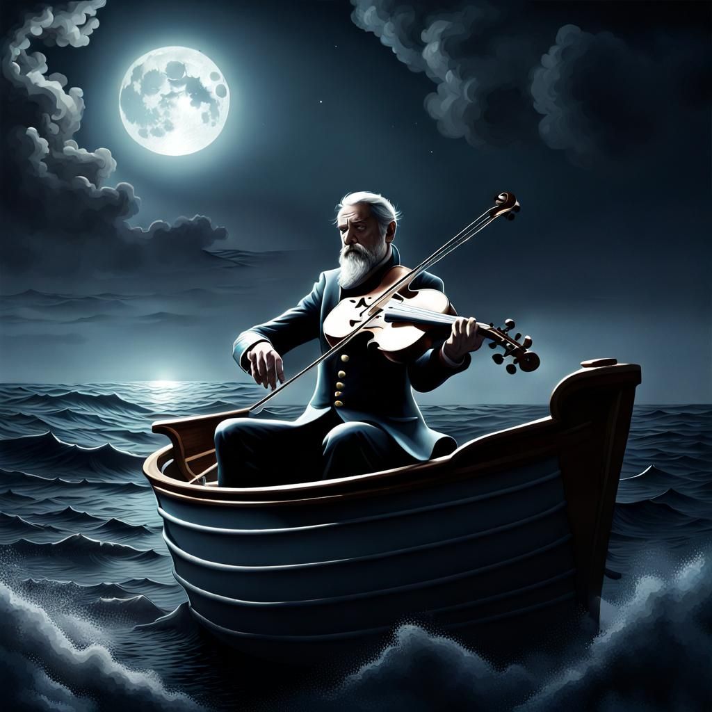 Melancholy Captain's Serenade: Ship Sinking at Night