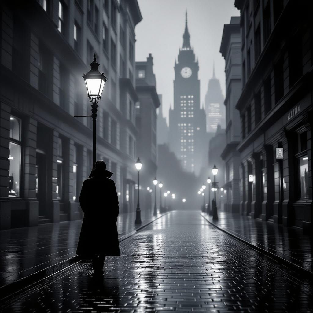 Film Noir Cityscape: Lone Figure Under Gaslight