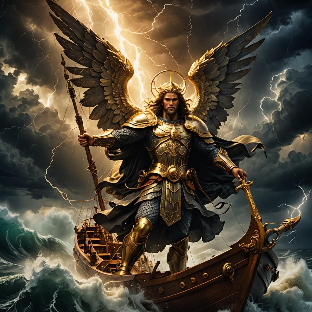 Archangel Michael Navigates Storm in Surreal Chiaroscuro