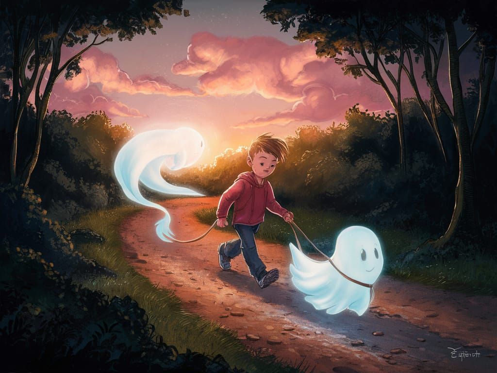 Boy Walks Ghost Pet Through Forest at Golden Hour