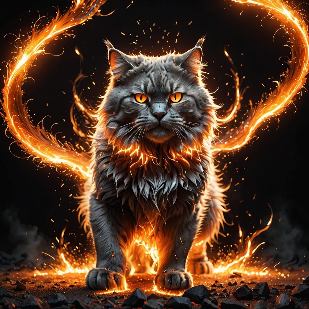 Giant Molten Metal Cat in Fiery Explosion