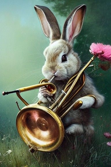 Adorable Bunny Trombonist in Detailed Hyperrealistic Paintin...