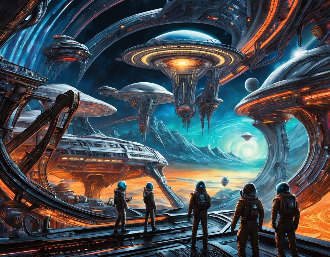 Cybernetic Space Explorers Amidst a Wormhole