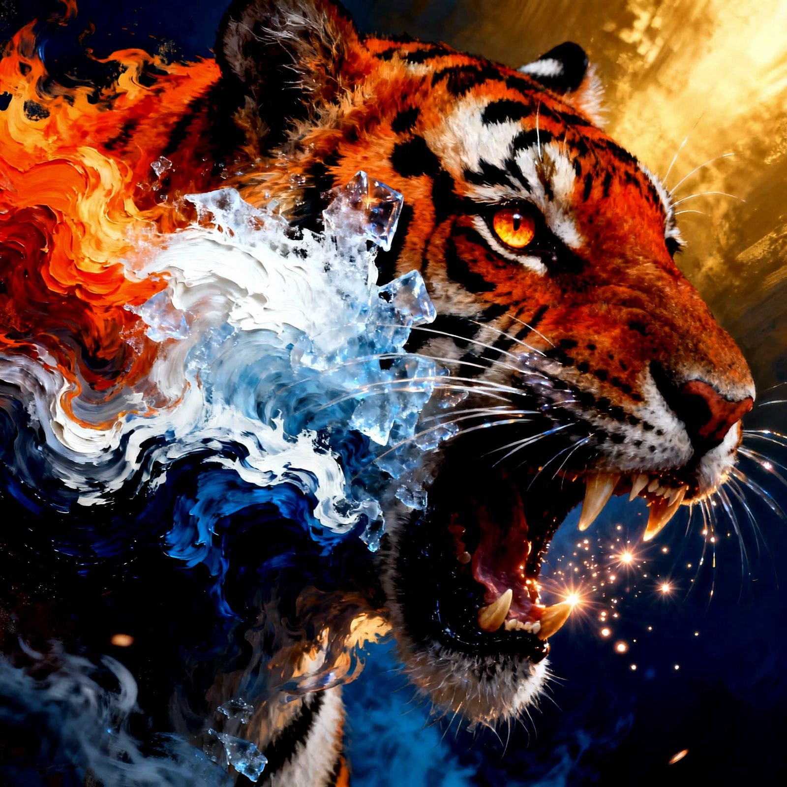 Roaring Tiger Portrait Blends Realism With Abstract Paint Ex...