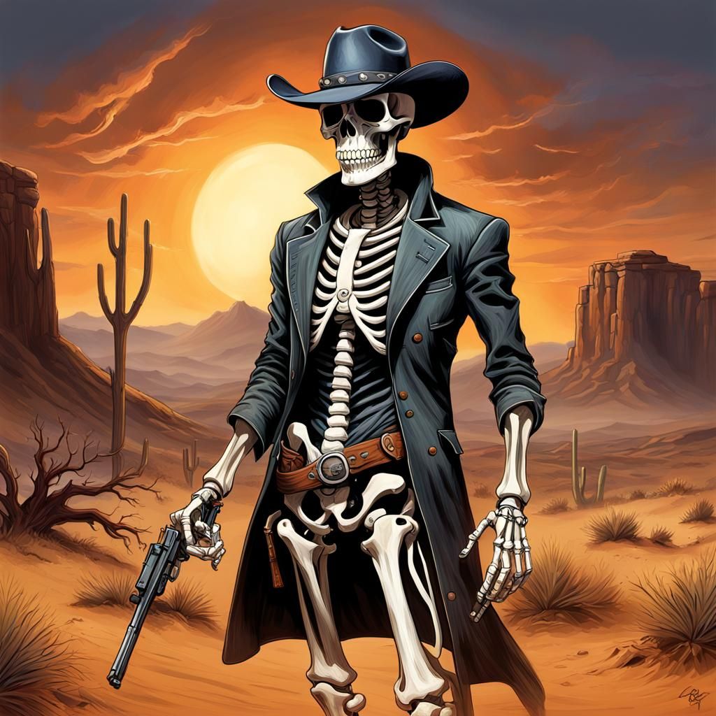 Cowboy Skeleton Portrait in Desert Landscape
