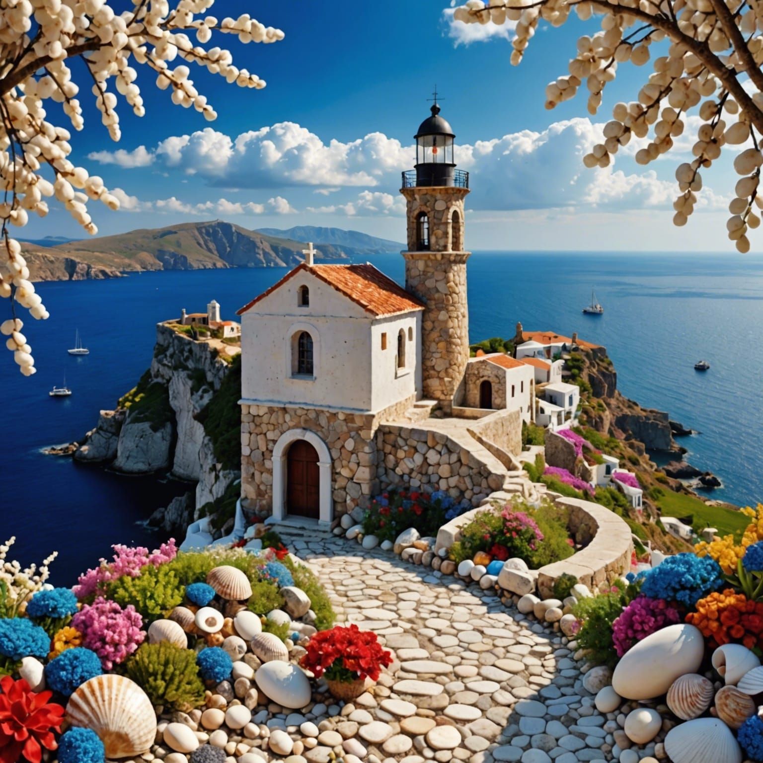 Art Deco Greek Village Island with Lighthouse