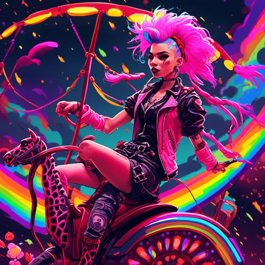 Punk Rock Girl Rides a Rainbow Carousel