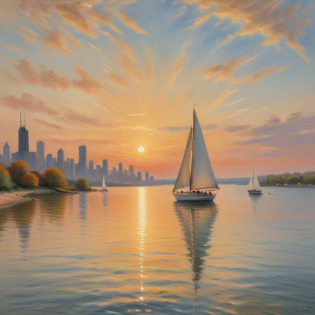 Impressionist Sunset over Lake Michigan in Soft Pastel Hues